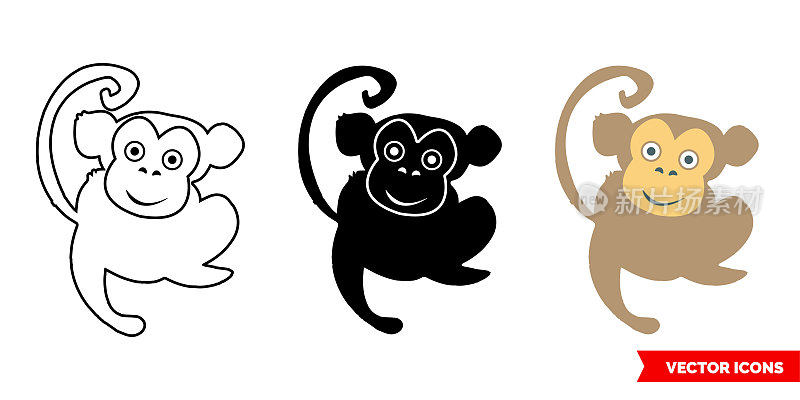 Monkey icon of 3 types color, black and white, outline. Isolated vector sign symbol